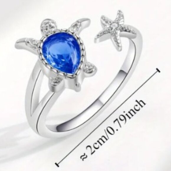 Turtle Ring Blue Gemstone Ocean Inspired Beach Party Alloy & Glass size 8 - Picture 5 of 6
